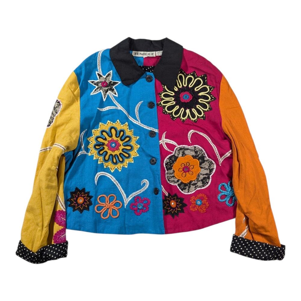 Vtg 1990s Tunique Color Block Maximalist Flower Applique Polka Dot Jacket Sz L